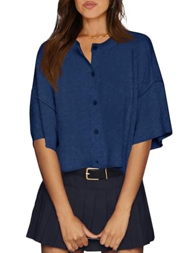Cicy Bell Womens Half Sleeve Cardigan Sweaters Cropped Button Down Tops Oversized Lightweight Ribbed Knit Summer Outfits Navy Blue - Image 1