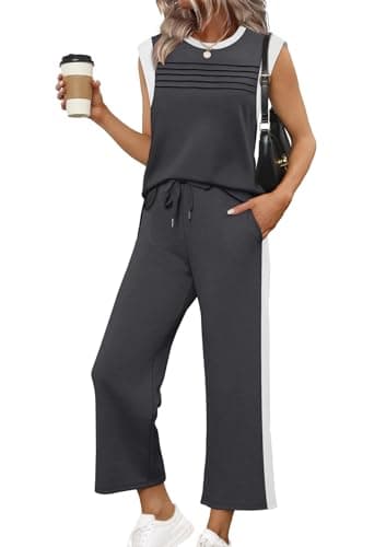 WIHOLL Workout Sets for Women Two Piece Outfits for Women Summer Travel Airport Cap Sleeve Tracksuit Workout Sets 2 Pc Lounge Sets Wide Leg Women's 2026 Spring Loungewear Casual Color Block Grey L - Image 1