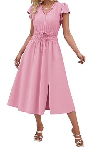 Angashion Womens Summer Midi Dresses Casual V Neck Cap Sleeve Empire Waist Elegant 2026 Flowy Solid Long Dress with Pockets P S Pink - Image 1