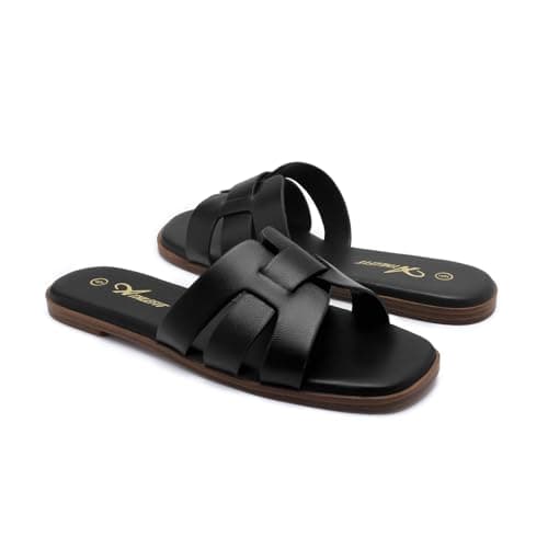 Athlefit Women's Black Flat Sandals Fashion Square Open Toe Dressy Summer Slip On Leather Slide Sandals Size 7.5 - Thumbnail 5