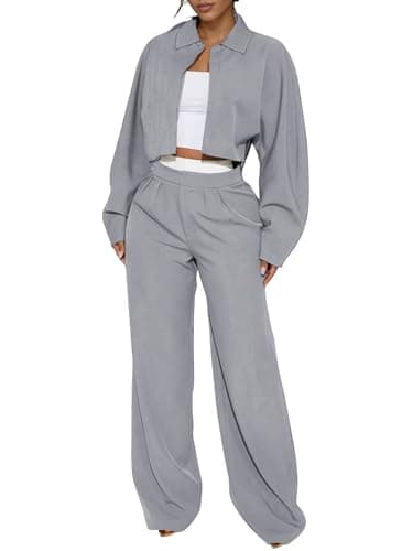 EXLURA Womens 2 Piece Outfits Long Sleeve Zip Up Crop Jackets Long Wide Leg Pant Suits Spring Airport Travel Matching Sets - Image 1