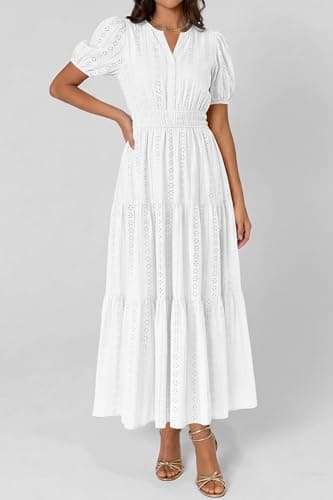 PRETTYGARDEN Womens Summer Maxi Dresses 2026 Casual Puff Sleeve V Neck Smocked Flowy Eyelet Cotton Dress Spring Sundress(White,XX-Large) - Thumbnail 6