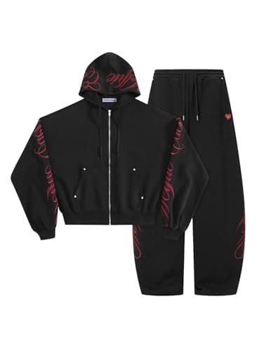 Aelfric Eden Boxy Embroidery Sweat Set for Women Men Oversized 2 Piece Lounge Matching Set Zip Up Hoodie Casual Streetwear Black Medium - Image 1
