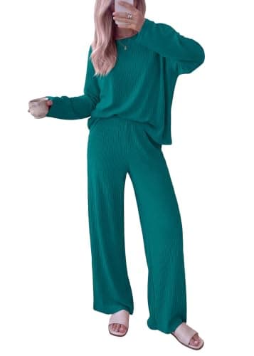 KIRUNDO Fall Ribbed Knit 2 Piece Lounge Set Women(Lake Blue, X-Large) - Image 1