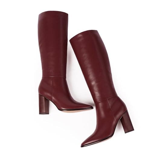 Easyfox Burgundy Tall Boots for Women Knee High Boots Pointed Toe Chunky Heel Fall Long Boots Size 9 - Thumbnail 5