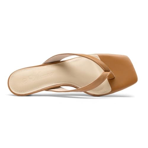Athlefit Women's Kitten Heels Flip Flops Square Open Toe Low Heels Slip On Comfortable Casual Thong Slide Sandals Tan Size 8.5 - Thumbnail 5