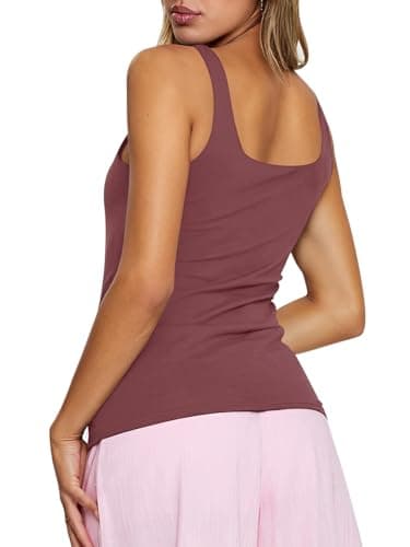 PINKMSTYLE Square Neck Workout Tank Tops for Women Summer Double Layer Slim Sleeveless Top Dark Purple Large - Thumbnail 4