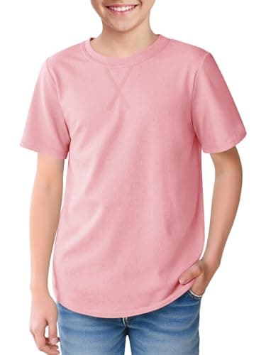 Boys Short Sleeve Tshirts Soft Summer Tops Trendy Cross Stitch Crewneck Tees with Curved Hem Top for Ages 5-14 Pink