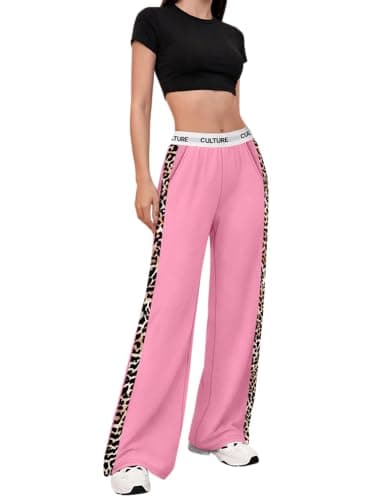 PEFYERVERY Women Baggy Pants Leopard Print Block Side Teen Wide Leg Open Bottom Sweatpants Y2K Elastic Waistband Skateboard Pink S - Image 1