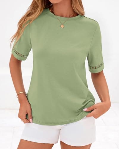 BTFBM Short Sleeve Shirts for Women 2026 Lace Summer Tops Spring Casual Loose Crew Neck T-Shirt Cute Vacation Outfits(Light Green, X-Large) - Thumbnail 5