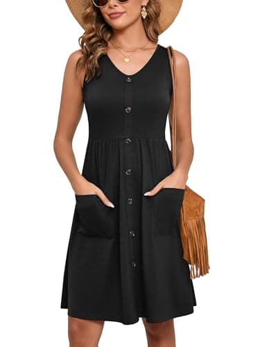 Heymoments Women Summer Dress Black Small Sleeveless V Neck Casual Cute Loose Sundress Comfy Swing Button Down Midi Work Flowy Tunic Ladies Beach Vacation Teacher Dresses with Pockets - Image 1