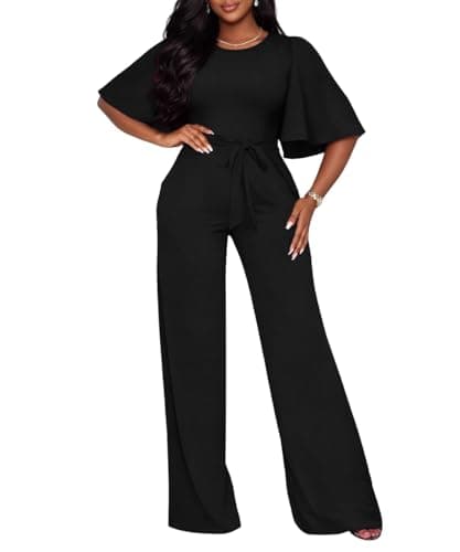 ABKY Jumpsuits For Women Dressy Batwing Sleeve Belted Wide Leg Romper Formal Wedding Evening Party Jumpsuit One Piece Outfits Black 2XL