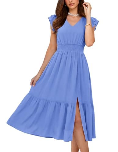 GRACE KARIN 2026 Womens Summer Dresses V Neck Ruffle Sleeve Floral Boho Beach A-Line Dress Gray Blue-Plain X-Large - Image 1