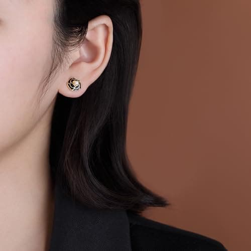 Reffeer Solid 925 Sterling Silver Flower Stud Earrings for Women Teen Girls Black Flower Stud Earrings Pearls (B-18K Gold) - Thumbnail 3