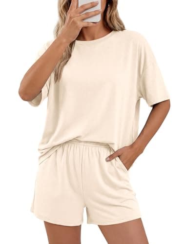 BTFBM 2 Piece Lounge Sets For Women 2026 Summer Airport Travel Vacation Outfits Loose Matching Clothing Spring Short Set(Beige, Medium) - Thumbnail 6