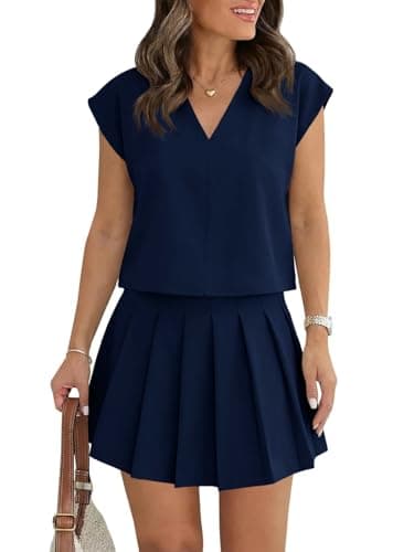 Wenrine Womens 2 Piece Outfits Casual V Neck Crop Tops Pleated Skort Skirts Sets Loose Summer Matching Lounge Sets - Image 1