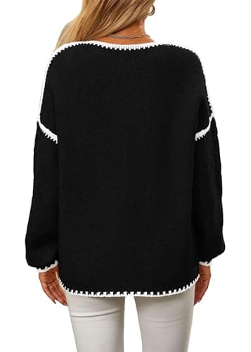 KIRUNDO Womens Sweaters 2026 Fall Oversized Long Sleeve Chunky Knit Crew Neck Contrast Stitching Pullover Winter Clothes(Black, X-Large) - Thumbnail 2