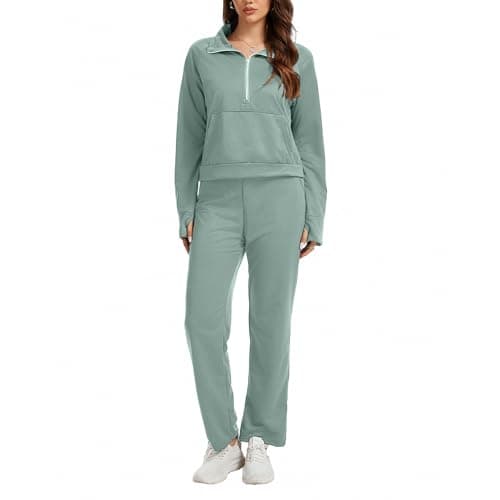 Anyshe Women's 2 Piece Sweatsuit Set Lounge Set Half Zip Sweatshirt with Kangaroo Pocket Thumb Holes Wide Leg Drawstring Pants Casual Tracksuit for Travel Daily Wear, Mint Green, Small - Image 1