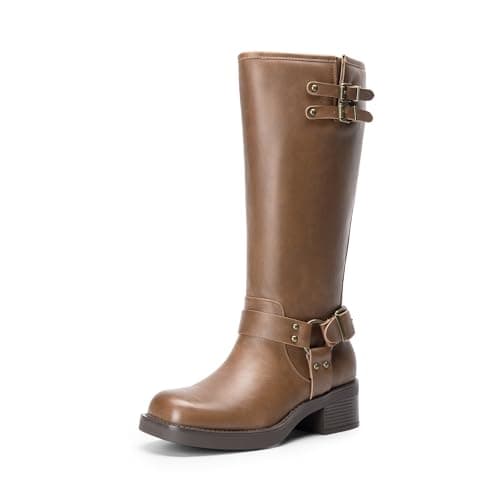 DREAM PAIRS Women's Knee High Boots Side Zipper Motorcycle Boots Square Toe Chunky Low Heel Fashion Buckles Biker Riding Boots,Size 6.5,Tan-Pu,SDKB2412W - Image 1
