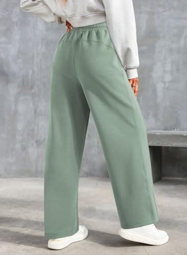 Dokotoo Wide Leg Pants Woman Fall Winter Women's Pants Fashion Trendy Palazzo Pants for Women Casual Elastic Waisted Loose Trousers for Women Smoke Green - Thumbnail 6