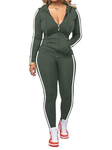 Hakubeby Women 2 Piece Outfits Casual Workout Sets Striped Bodycon Tracksuit Zip Up Long Sleeve Hoodle Jacket Jogger Pant Set Army Green L