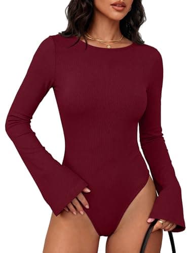 ANRABESS Womens Bell Sleeve Bodysuits Top,Wine Red,S - Image 1
