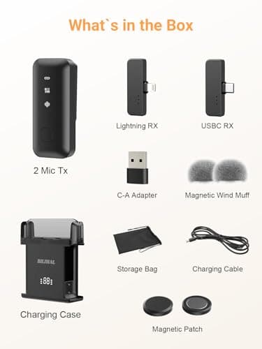 BILIWAL Wireless Lavalier Microphone for iPhone/Android/Laptop with Magnetic Wind Muff/Patch/Clip, Mini Mic with Noise Reduction, 35 H Battery Life via Charging Case, Lightning/USB-C/USB A Plug&Play - Thumbnail 6