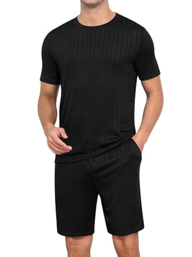 RQP Men's Pajama Set Summer Lightweight Ribbed Lounge Wear Breathable 2 Piece SleepShorts & Tee,Stretch Home Outfits for Men,Black - Image 1
