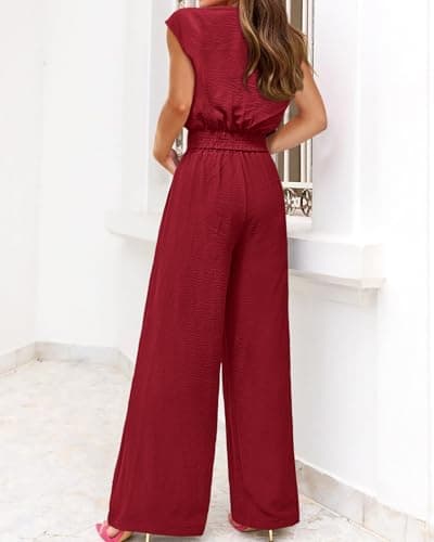 PRETTYGARDEN Women's Summer 2 Piece Outfits 2026 Cap Sleeve V Neck Belted Crop Tops Wide Leg Pant Sets Casual Tracksuit(Solid Wine Red,X-Large) - Thumbnail 5