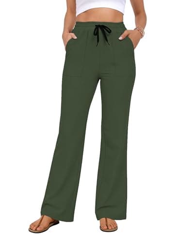AGVNG Women's Pants Casual Wide Leg Pants Zip Pockets Lightweight Elastic Waist Drawstring High Waisted Comfy Trousers Pants Lounge Work Travel Army Green S - Image 1
