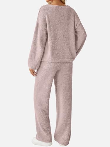GKBK Womens 2 Piece Outfits Knit Sweater Sets Fuzzy Fleece Long Sleeve Top Wide Leg Pants Loungewear Matching Lounge Set 2026 Fall Winter Fashion Clothes Light Pink XL - Thumbnail 3