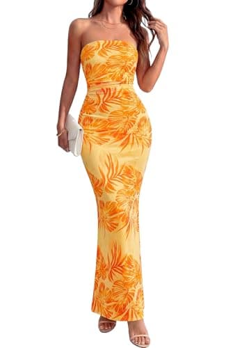 BTFBM Women Summer Strapless Maxi Dress 2026 Bodycon Floral Long Wedding Guest Dress Formal Tube Mesh Cocktail Dresses(Leaves Yellow, Small) - Image 1