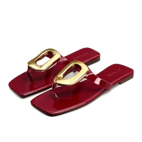 StillFancxy Gold Buckle Flat Sandals for Women Square Toe Dressy Flip Flops Trendy Thong Sandals Slide Sandals - Thumbnail 6