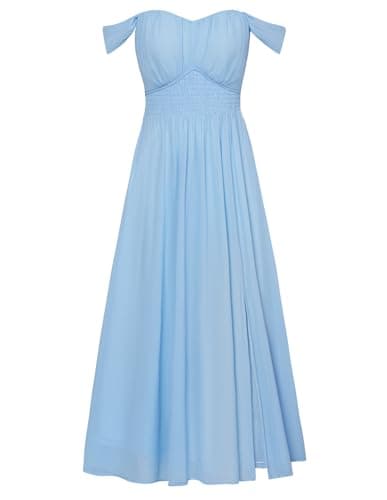 GRACE KARIN Summer Light Blue Dress for Women 2026,Off the Shoulder Smocked Bridesmaid Dresses,Formal Baby Shower Maxi Dresses XL - Image 1