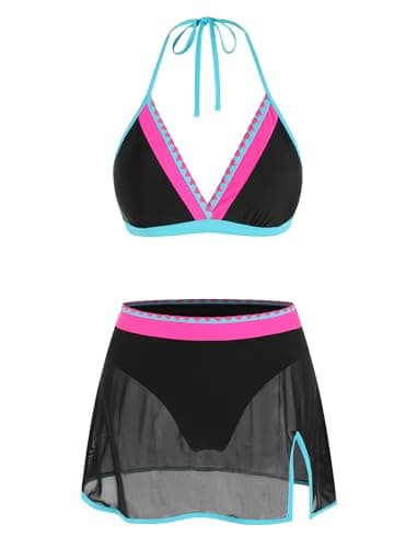 ZAFUL Womens Bikini Bathing Suits with Skirt Two Piece High Waisted Tummy Control Swimsuits Ladies Swimwear Black Rose M - Image 1