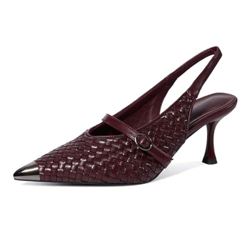 WRFCZGF Woven Slingback Kitten Heels for Women Pumps Stiletto Heels Metal Closed Pointed Toe Buckle Strap Pumps Shoes Elegant Dressy Work Bridal Wedding Party Shoes Burgundy - Image 1