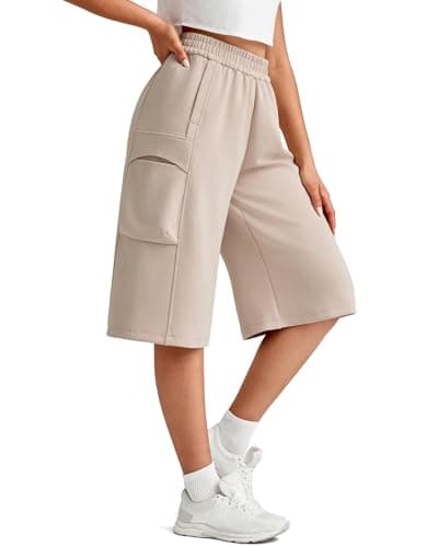 G4Free Bermuda Long Shorts with Pockets for Woman Wide Leg Capri Pants High Waist Stretch Sweatpants Travel Lounge Hiking Pants(Light Khaki,S,13") - Image 1