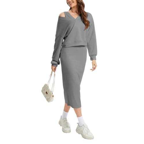Anyshe Women's 2 Piece Matching Knit Sweater Set, Long Sleeve V-Neck Top with Maxi Skirt, Effortless Style for Vacation - Image 1