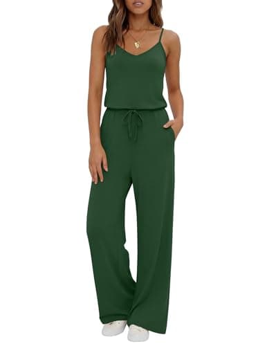 Ekouaer Womens Summer Jumpsuits Dressy Sleeveless Wide Leg Long Pants Rompers Casual One Piece Outfits with Pockets Green XL - Image 1