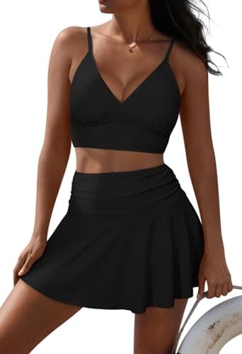 Pink Queen Women's High Waisted Bikini Set Two Piece Swimsuit V Neck Spaghetti Straps Swim Skirt Bathing Suit Black M - Image 1