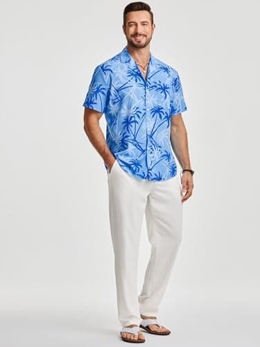 JMIERR Men 2 Piece Outfit Short Sleeve Hawaiian Beach Button Down Shirt Tropical Floral Shirt Casual Loose Pant Sets - Thumbnail 4