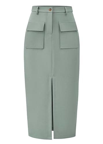 KIRUNDO Midi Skirts for Women Summer Fall High Waisted Cargo Trendy Pencil Slit Dressy Casual Business Work Long Skirt(Sage Green, Large) - Image 1