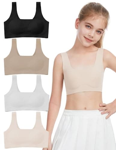 JOYTREE Girls Training Bras for Girls 8-14 Seamless Comfortable Sports Bra with Soft Removable Padding Bras Multipack - Beige/Warm Beige/White/Black, L - Image 1