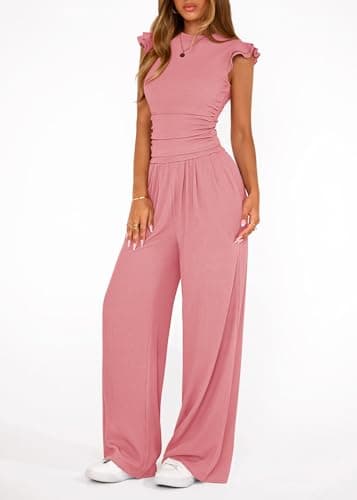 KIRUNDO Two Piece Sets For Women Dressy 2026 Summer Cap Sleeve Cute Tops Wide Leg Pants Spring Matching Set Vacation Outfits(Pink, X-Large) - Thumbnail 4
