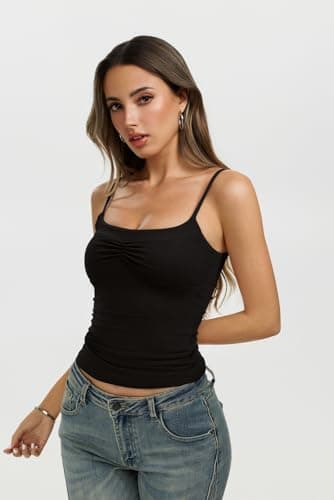 REORIA Womens Sexy Square Neck Tank Tops Adjustable Cami Tank Summer Basic Double Lined Sleeveless Shirts Y2K Trendy Going Out Tops, Black Large - Thumbnail 2