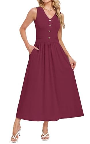 MOLERANI Summer Dress Womens 2026 Casual Sleeveless V-Neck Elegant Flowy A-Line Maxi Long Sundress with Pockets,Wedding Guest Dresses,Party(Wine Red,XS) - Image 1