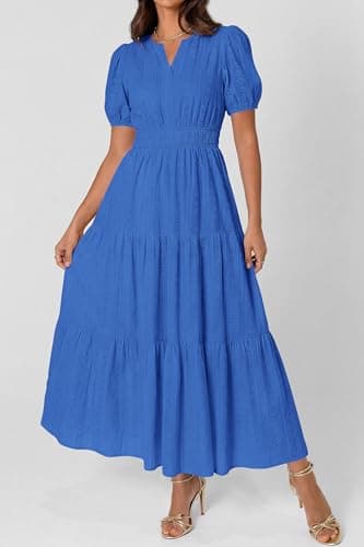 PRETTYGARDEN Womens Summer Maxi Dresses 2026 Casual Puff Sleeve V Neck Smocked Flowy Eyelet Cotton Dress Spring Sundress(Blue,X-Large) - Thumbnail 5