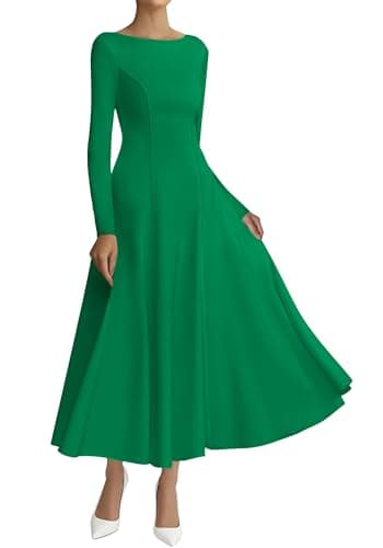 BTFBM Spring Dresses for Women 2026 Trendy Boat Neck Long Sleeve A Line Flowy Knit Loose Casual Elegant Party Maxi Dress(Green, Large) - Image 1