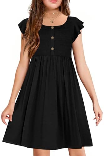 YOVION Girls Sundress Flutter Sleeve Scoop Neck Summer Casual Beach Dress with Pockets for 6-7 Y Black - Image 1