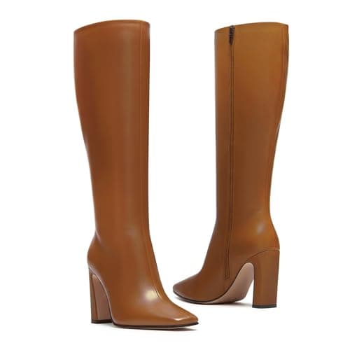 DREAMCIA Brown Knee High Boots for Women Chunky Heel Square Toe Brown Tall Boots with Zipper Fall Long Boots - Thumbnail 4